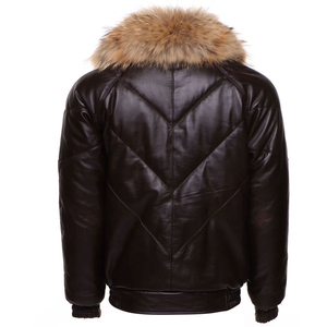 Chaqueta Bomber de Cuero Marrón para Hombre, Personalizada al por Mayor, Manga Larga, Invierno, con Capucha y Cuello de Piel, Chaqueta de Cuero Puro para Hombre - Product Image 2