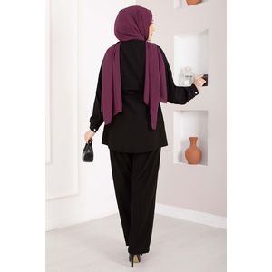 Ensemble deux pièces pour femme, tunique en crêpe noir uni avec broche et taille cintrée, style bureau - Product Image 5