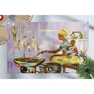 Tapis en chenille abstrait motif Mère Africaine cuisinant : Tapis imprimé pour la décoration intérieure, tapis fin non tissé - Product Image 2