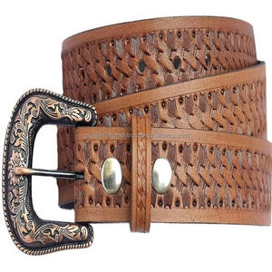 Fabriqué en cuir véritable tissage de panier en relief ceinture d'outillage à la main occidentale avec boucle en cuivre gravé de créateur ensemble de tailles personnalisées - Product Image 3