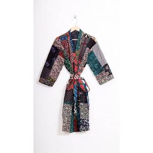 Robe kimono en coton ethnique 100% avec imprimé floral, faite à la main, style Kantha, vêtement de nuit, peignoir, tenue de plage pour femmes, été, printemps - Product Image 6