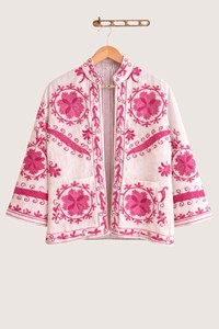 Cardigan en coton brodé floral bohème, col mandarin, manches trois quarts, grande taille, vêtements décontractés pour femmes, vêtements de printemps - Product Image 1