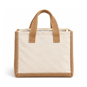 Natural Jute Canvas Insulated <b>Lunch</b> Cooler <b>Bag</b> 10 X 8.5 X 7 Inch 310 GSM Custom Logo Reusable Thermal <b>Tote</b> Zipper Closure - Product Image 1