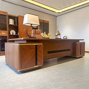 Walnut Veneer Solid Wood Rectangular Executive <b>Desk</b> <b>with</b> Dual Side Cabinets Leather Accents 1-Year Warranty - Product Image 2