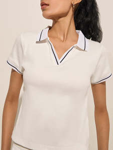 BD 2025, camiseta de punto informal para mujer, patrón sólido, manga corta para cuello Polo, suéter acanalado ajustado, Tops transpirables antiarrugas - Product Image 4
