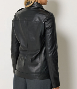 Black Genuine Leather Moto <b>Jacket</b> With Turn-down Collar And Zipper Closure Unisex <b>Slim</b> <b>Fit</b> Autumn Style - Product Image 2