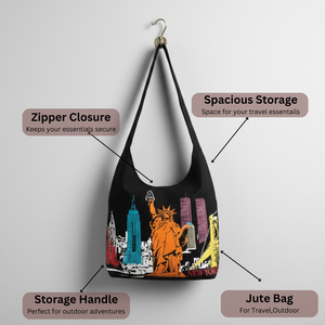 Sac fourre-tout en toile noire imprimé New York City, élégant |   Sac à main réutilisable pour le shopping et les voyages, fermeture éclair, longues bretelles, pour femmes - Product Image 5