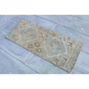 Tapis vintage 1,7x4,1 pieds, petit tapis turc, tapis uni marron bleu - Product Image 2