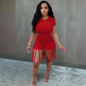 Ensemble deux pièces décontracté Sexy pour femmes, hauts à manches courtes et pantalon à franges - Product Image 2