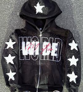 Custom <b>Men's</b> <b>Hoodie</b> with Zipper Sunfade Design 500GSM Rhinestone Distress Patch Heavyweight Cotton Custom <b>Men's</b> Zipper <b>Hoodie</b> - Product Image 1