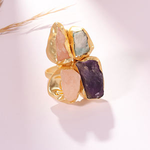 Bague classique en laiton mat avec pierres précieuses en améthyste et amazonite - Product Image 1