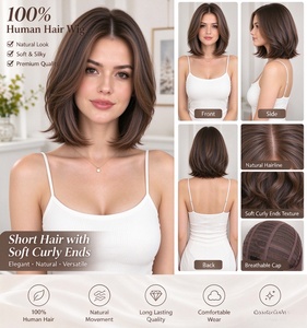 Peluca de Cabello Humano 100%, Corte Bob Corto con Puntas Rizadas Suaves, Peluca Marrón de Aspecto Natural para Mujer - Product Image 6