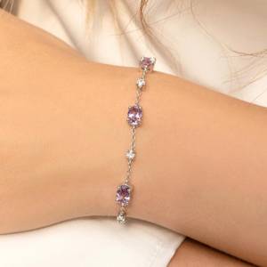 Pulsera de tenis de amatista violeta con corte ovalado, cadena de gemas moradas entrelazadas, plata de ley 925, piedra de nacimiento de febrero, refinada - Product Image 1