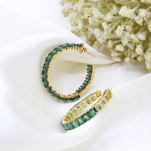 Memoria Jewels Trendy Natural Emerald Gemstone Open <b>Hoops</b> Sterling <b>Silver</b> Gold Plated Earrings GIA Certified High Quality - Product Image 1