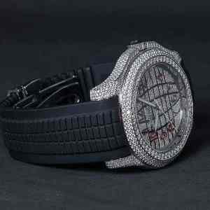 Luxury Men's Full Diamond Iced Sport <b>Wristwatch</b> Red Numerals Grid Pattern Glass Dial Black Rubber Strap <b>Waterproof</b> Hip Hop Style - Product Image 1