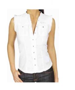 Top en popeline blanche à col rond imprimé à pois sans manches sur le devant avec ouverture à boutons Ceinture séparée-Style ajusté tissé - Product Image 3