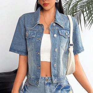 แจ็กเก็ตยีนส์สีน้ำเงินสำหรับผู้หญิง, เสื้อแจ็กเก็ตแฟชั่นลำลองแขนยาวติดกระดุมทรงพอดีตัวปกติสำหรับหญิงสาว - Product Image 1