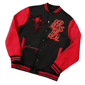 <b>Black</b> Red Varsity Baseball Jacket Unisex Streetwear Woolen Outerwear College Inspired Contrast Sleeve Urban Fashion Design Front - Product Image 1