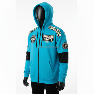 Sudadera con capucha y cremallera de lana pesada, doble Color, Azul, Negro, Panel, ropa de calle, logotipo personalizado, bordado y diseño de parche, sudadera básica con cremallera - Product Image 3