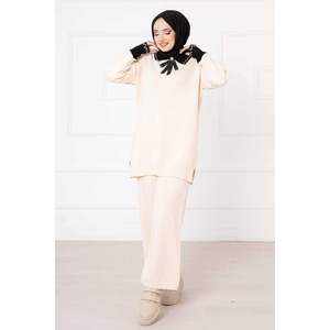 Noeud détaillé 2 pièces écru ensemble col asymétrique tissé été décontracté hauts et shorts tailles XS à XL - Product Image 2