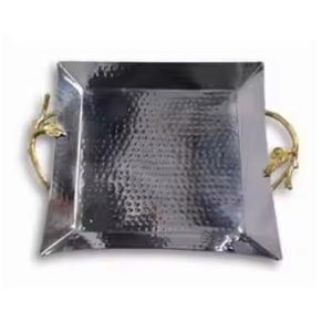 Plateau de service de luxe en métal argenté et doré avec poignée en feuille de laiton Plateaux de maison et de table Plateaux de service martelés de forme carrée - Product Image 1