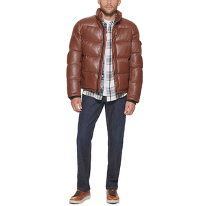 Veste bouffante en cuir véritable marron style motard veste d'hiver longue élégante avec logo personnalisé pour hommes - Product Image 5