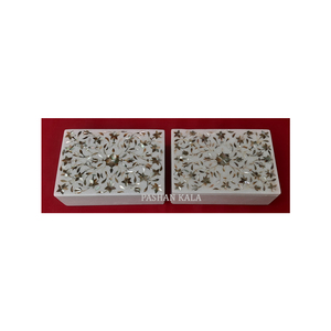 Hermoso diseño de incrustaciones y calidad superior de incrustaciones de mármol blanco natural pulido azul madre de perlas cajas de pulido hecho a mano - Product Image 1