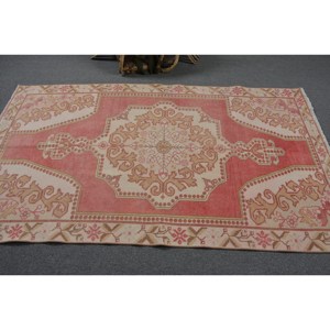 พรมตุรกีโบราณแท้4.2 x 7.4ft คลาสสิกการออกแบบการเย็บปะติดปะต่อกันสีชมพูขนแกะทำด้วยมือลาเท็กซ์สำรองสำหรับห้องนั่งเล่น - Product Image 3