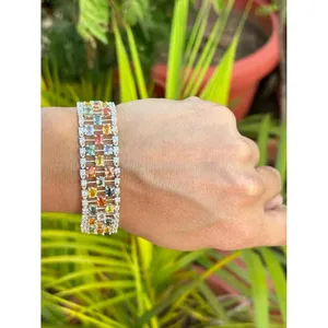 925 <b>Silver</b> Oval Multi Sapphire <b>Bracelet</b> with 14K Gold 18K Gold Rose Gold & Rhodium Plating Diamond & Ruby <b>Charm</b> Religious Style - Product Image 2