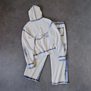 Ensemble deux pièces personnalisé, pantalon de survêtement, 100% coton, molleton français, hiver, vintage, respirant, sweat-shirt à fermeture éclair, ensembles bleu délavé, imprimé DTG - Product Image 2