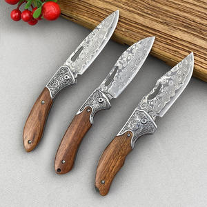 Handmade Damascus Steel Folding Knife with Push <b>Button</b> <b>Wood</b> Handle for BBQ Camping Meat Beef Mutton Sharpening Fruit Skin - Product Image 2