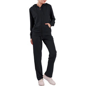 Ensemble d'entraînement deux pièces noir uni pour femme, avec sweat à capuche zippé et pantalon de jogging, respirant, séchage rapide, personnalisable, haute qualité - Product Image 1