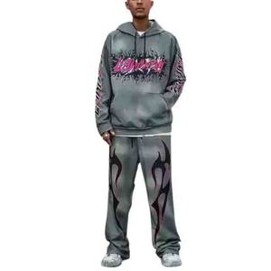 Nouvelle offre spéciale personnalisé Zip Up survêtements en détresse Patch acide lavage à capuche et pantalons de survêtement ensemble survêtement évasé pour hommes - Product Image 4