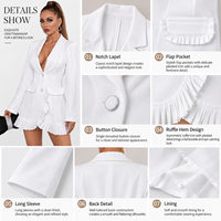 Robe blazer blanche pour femme, manches longues, col en V, simple boutonnage, ourlet plissé à volants, mini-robe, personnalisable OEM ODM