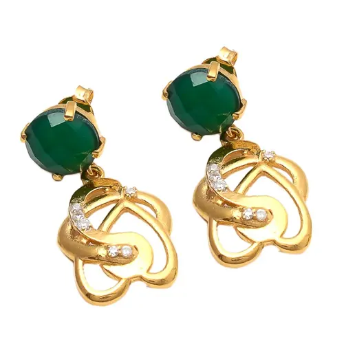 Exclusive Green Onyx Jewelry Gold Plated 925 Sterling Silver Round Shape Gemstone Earrings