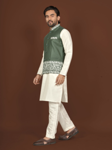 Kurta de Seda Blanca para Hombre con Chaleco Verde Bordado, Traje Tradicional Indio para Bodas y Diwali, Reversible, de Secado Rápido, Corte Regular - Product Image 2