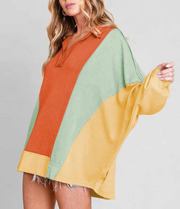 เสื้อสเวตเตอร์แบบผ่าหน้าสำหรับผู้หญิง, เสื้อสเวตเชิ้ตแนวสตรีทแฟชั่นกึ่งเปิดสีตัดกันทรงหลวม - Product Image 5