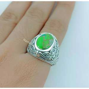 Handmade Boho Gemstone Women's <b>Ring</b> Green Copper Turquoise Oval 925 Sterling Silver Bezel Setting <b>Statement</b> Piece Gift for Her - Product Image 3