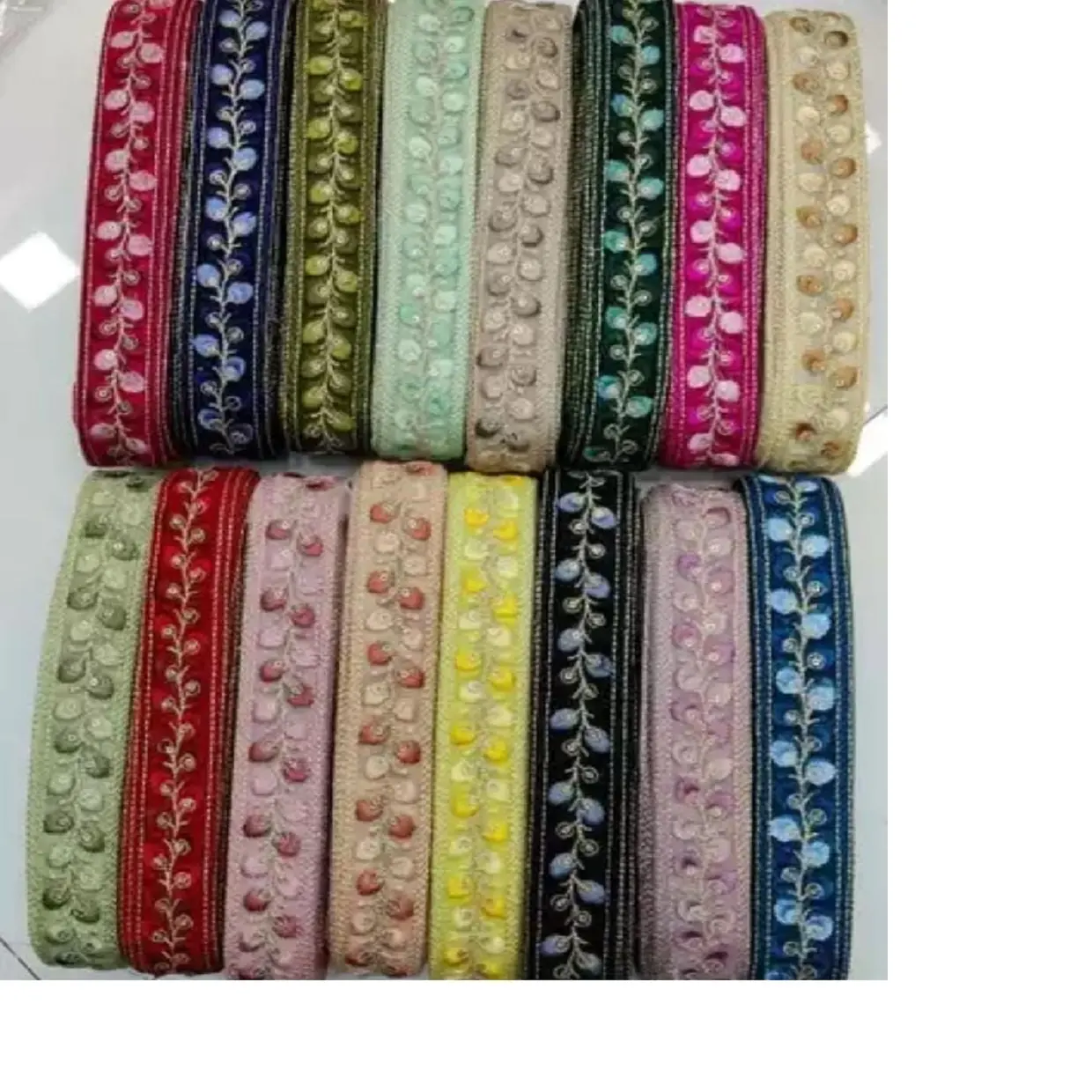 custom made floral embroidered thread work laces with sixteen coloured options in sequins embroidery in 1.5 inch width