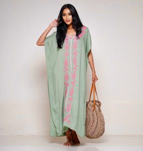 Precio de fábrica Eco-Friendly Mujeres Moda Rayón Playa Kaftan Vestido Bordado Algodón Manga Corta Hasta el Suelo Fiesta Maxi - Product Image 6