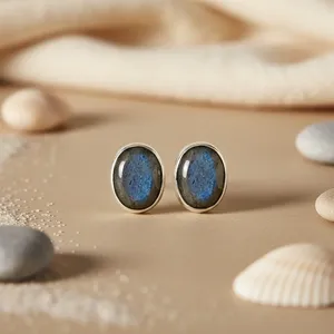 Boucles d'oreilles clous tendance vintage religieuses en argent sterling 925 pour femmes, labradorite et perle avec diamant pour les fêtes - Product Image 2