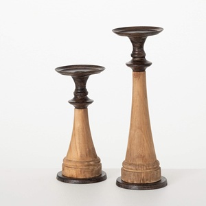 Juego de 2 portavelas de madera con cuerpo de madera y tapa de metal Portavelas de madera con tapa de metal con gran calidad - Product Image 1