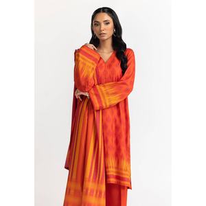 Ensemble 3 pièces en crêpe tricoté imprimé Dhanak orange pour femme, brodé, décontracté, pour le quotidien, avec haut en spandex, tailles XXL XL, collection Printemps - Product Image 5