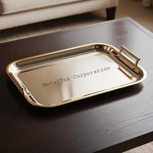 Plateau de service rectangulaire en acier inoxydable de haute qualité Vaisselle de style arabe Plateau en métal poli finition miroir Plateau plaqué or clair - Product Image 6