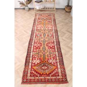 3x10.7 ft Turkish Rug, Vintage <b>Runner</b> Rug, <b>Red</b> Orange Solid Wool Rug - Product Image 1