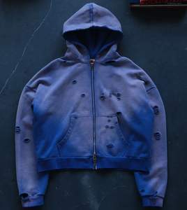 Logo de marque personnalisé Sweat à capuche court à double fermeture éclair 450GSM Sweat à capuche lourd à double fermeture éclair Distressed - Product Image 3