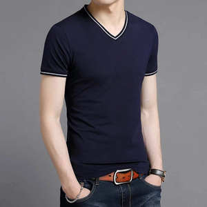 เสื้อยืดคอวีถักสำหรับผู้ชายผ้าฝ้าย100% เข้ารูปปกติแห้งเร็วเป็นมิตรกับสิ่งแวดล้อมระบายอากาศได้ดีพิมพ์ลายด้านหน้า - Product Image 5