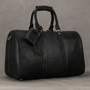 Genuine Leather Foldable Portable Weekender <b>Duffel</b> <b>Bag</b> Black Zipper Closure Travel Shoulder Strap Durable Design - Product Image 2