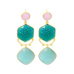 New Arrival Turquois, Light Blue Quartz and Pink Hydro Gemstone Dangle Earring - Product Image 1