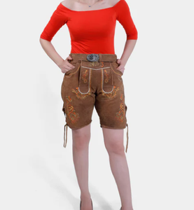 Women's Original Genuine Goat Suede Smooth <b>Leather</b> Lederhosen <b>Shorts</b> Front Pockets Embroidery - Product Image 1
